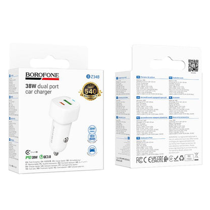 Borofone BZ34B Cloud Car Charger, 20W, 3A, 1 x USB-A - 1 x USB-C, White