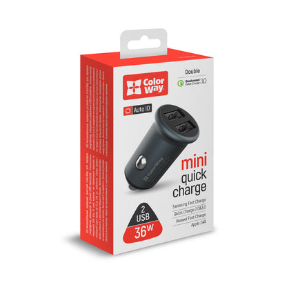 Auto töltő ColorWay, 36W, 3A, 2 x USB-A, Szürke