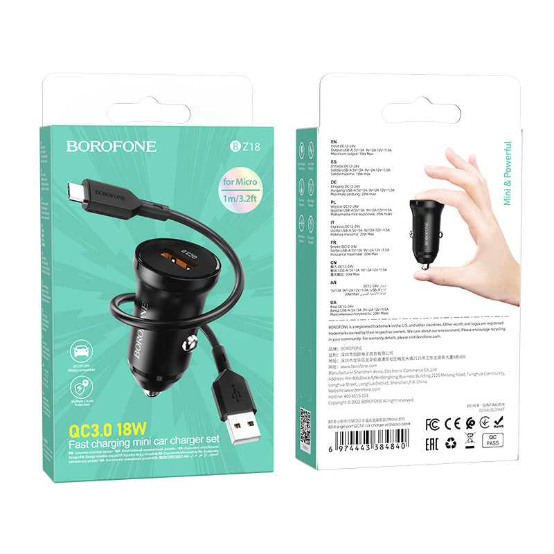 Autós töltő microUSB kábellel Borofone BZ18, 18W, 3A, 1 x USB-A, Fekete
