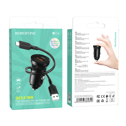 Autós töltő microUSB kábellel Borofone BZ18, 18W, 3A, 1 x USB-A, Fekete