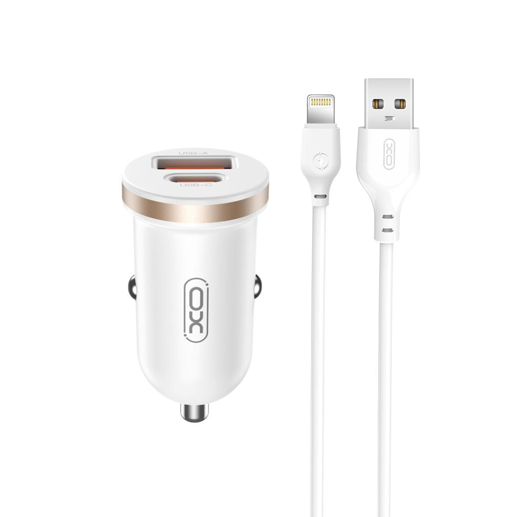 Autós töltő Lightning kábellel XO Design CC56, 30W, 3A, 1 x USB-A - 1 x USB-C, Fehér