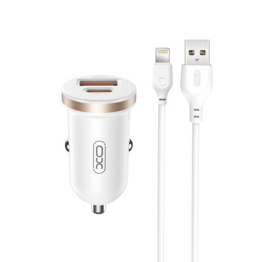 Autós töltő Lightning kábellel XO Design CC56, 30W, 3A, 1 x USB-A - 1 x USB-C, Fehér