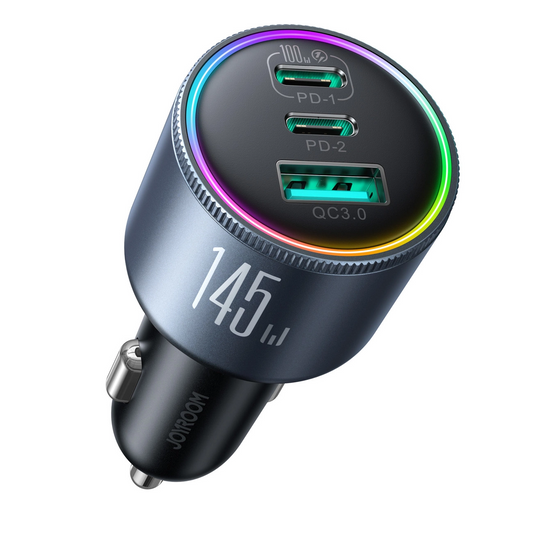 Autós töltő USB-C kábellel Joyroom JR-CCN07, 145W, 5A, 1 x USB-A - 2 x USB-C, Szürke