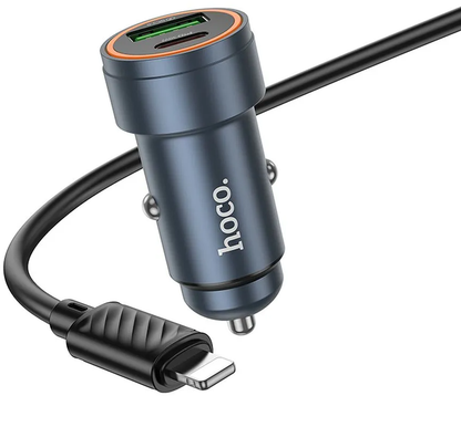 Autós töltő Lightning kábellel HOCO Z57A, 30W, 3A, 1 x USB-A - 1 x USB-C, Szürke