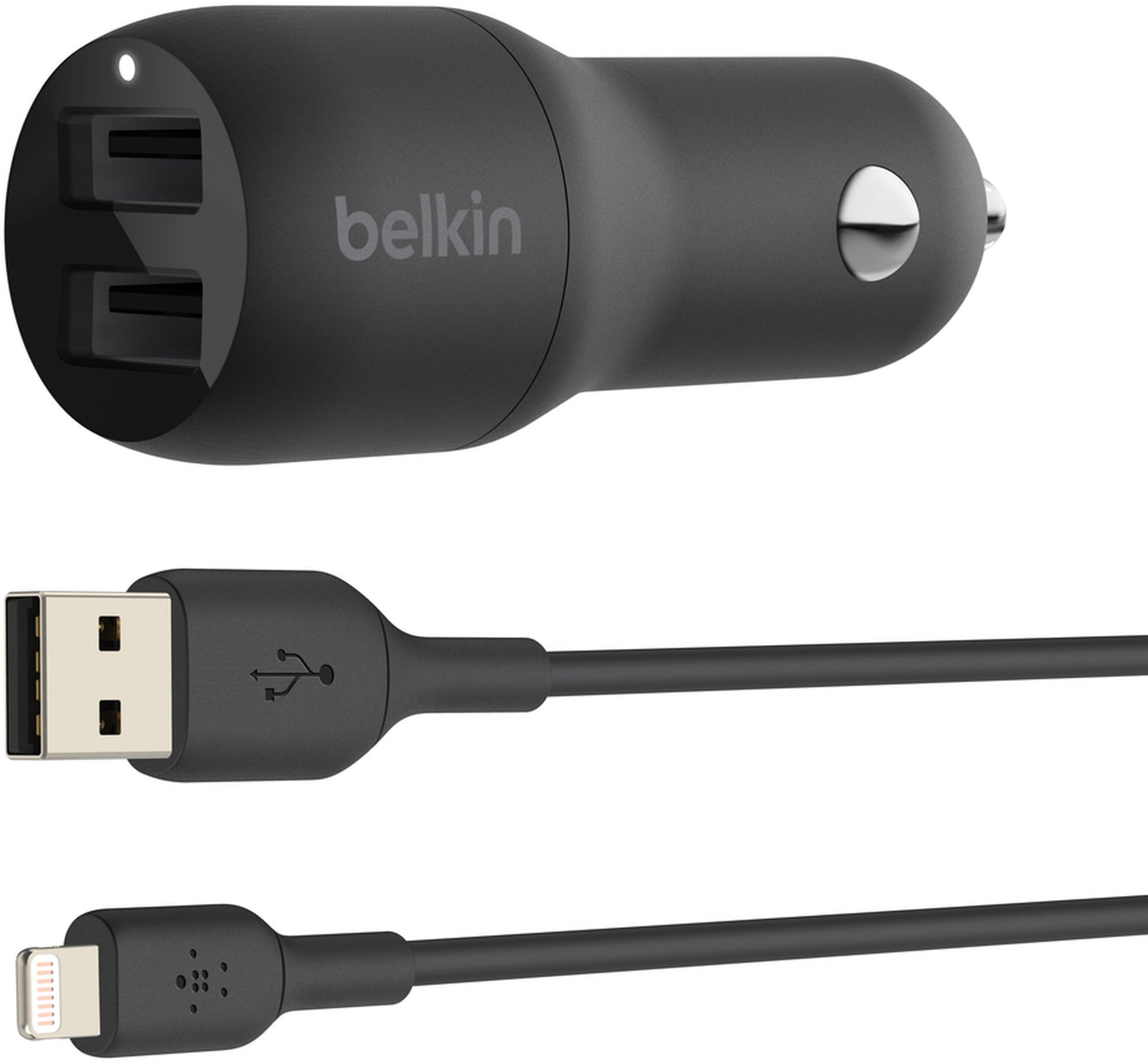 Belkin BoostCharge Dual autós töltő Lightning kábellel, 24W, 2.4A, 2 x USB-A, fekete CCD001bt1MBK