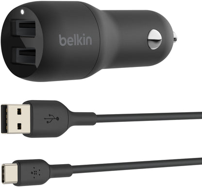 Belkin BoostCharge Dual autós töltő USB-C kábellel, 24W, 2.4A, 2 x USB-A, fekete CCE001bt1MBK