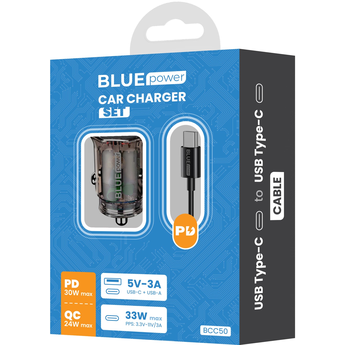 Autós töltő USB-C kábellel BLUE Power BCC50, 33W, 3A, 1 x USB-A - 1 x USB-C, Fekete