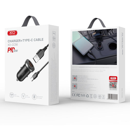Autós töltő USB-C kábellel XO Design CC56, 30W, 3A, 1 x USB-A - 1 x USB-C, Fekete