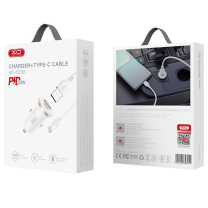 Autós töltő USB-C kábellel XO Design CC56, 30W, 3A, 1 x USB-A - 1 x USB-C, Fehér