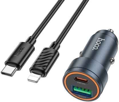 Autós töltő Lightning kábellel HOCO Z57A, 30W, 3A, 1 x USB-A - 1 x USB-C, Szürke