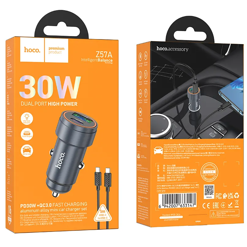Autós töltő USB-C kábellel HOCO Z57A, 30W, 3A, 1 x USB-A - 1 x USB-C, Szürke