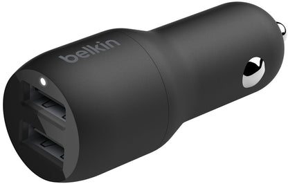 Belkin BoostCharge Dual autós töltő Lightning kábellel, 24W, 2.4A, 2 x USB-A, fekete CCD001bt1MBK