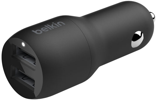 Belkin BoostCharge Dual autós töltő Lightning kábellel, 24W, 2.4A, 2 x USB-A, fekete CCD001bt1MBK