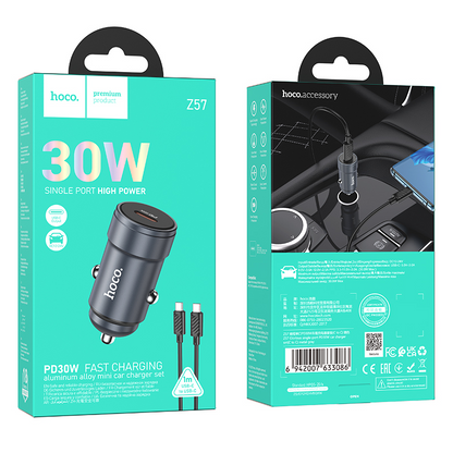 HOCO Z57 USB-C Kábeles Autós Töltő, 30W, 3A, 1 x USB-C, Szürke