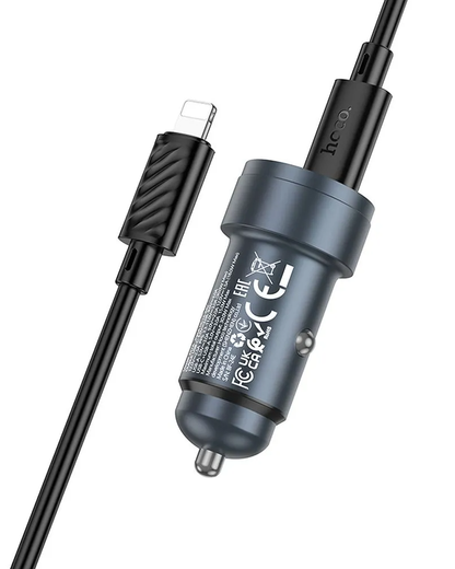 Autós töltő Lightning kábellel HOCO Z57A, 30W, 3A, 1 x USB-A - 1 x USB-C, Szürke