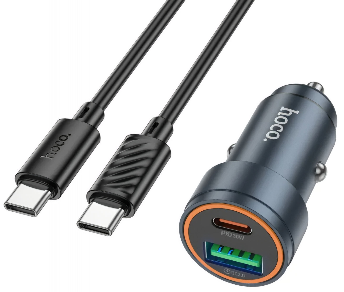 Autós töltő USB-C kábellel HOCO Z57A, 30W, 3A, 1 x USB-A - 1 x USB-C, Szürke