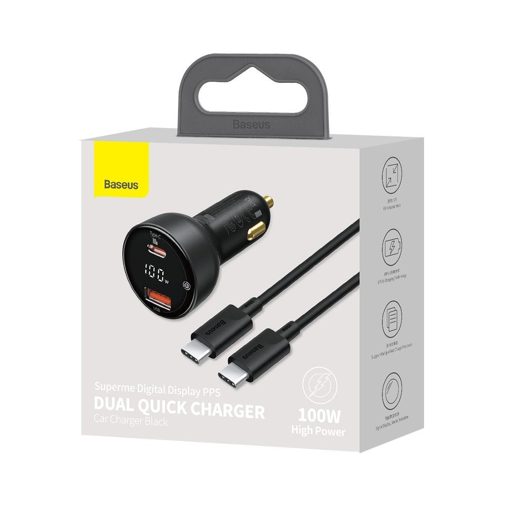 Autós töltő USB-C kábellel Baseus Superme, 100W, 5A, 1 x USB-A - 1 x USB-C, Fekete TZCCZX-01