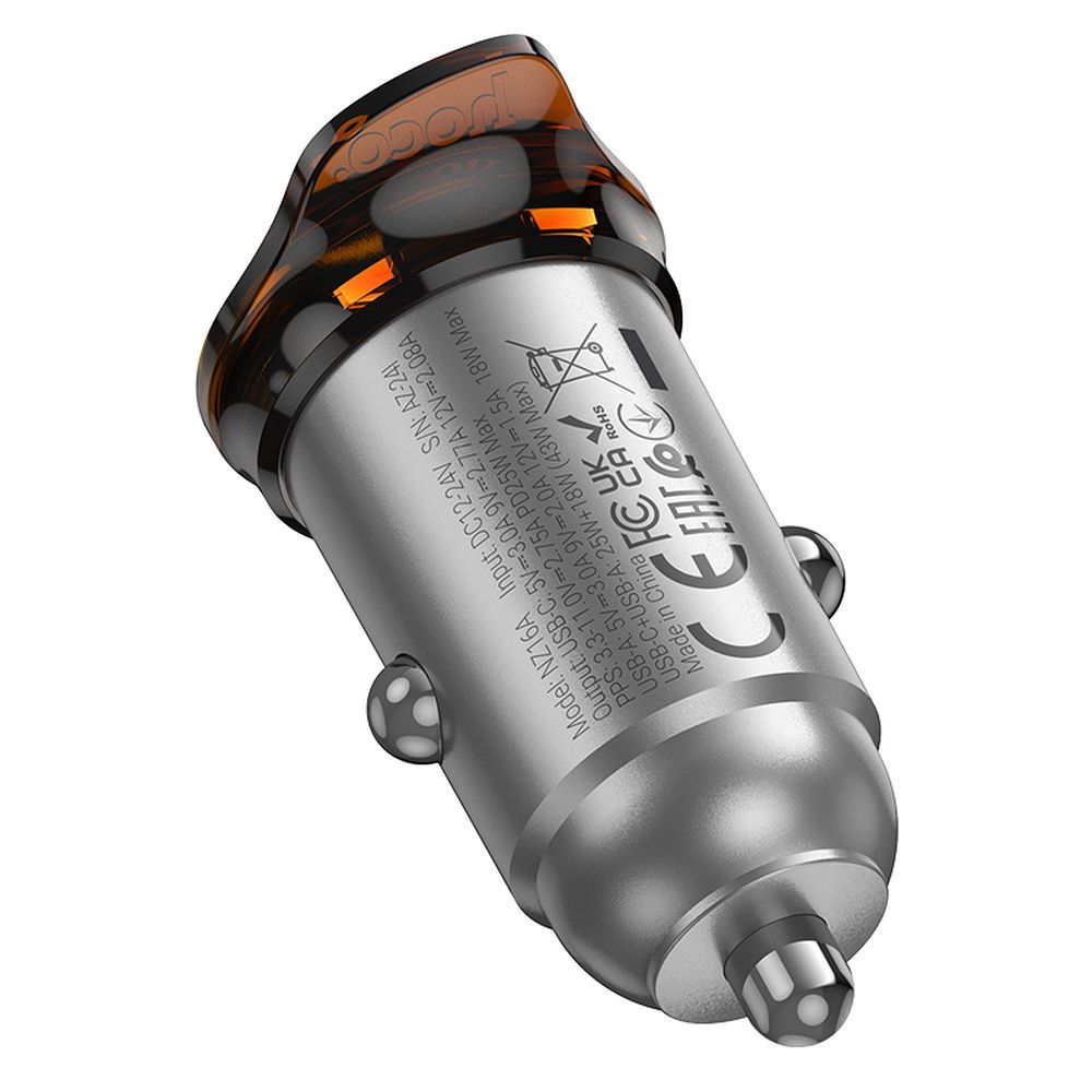 Autós töltő USB-C kábellel HOCO NZ16A, 43W, 3A, 1 x USB-A - 1 x USB-C, Szürke