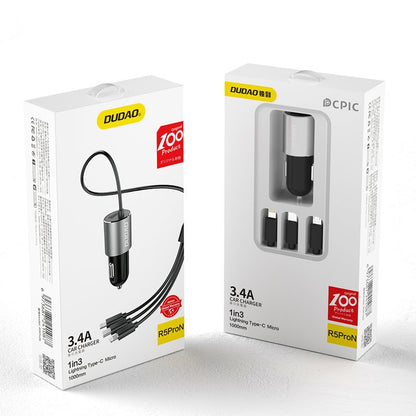 Car Charger With Lightning / microUSB / USB-C Cable Dudao R5ProN, 17W, 3.4A, 1 x USB-A, Black