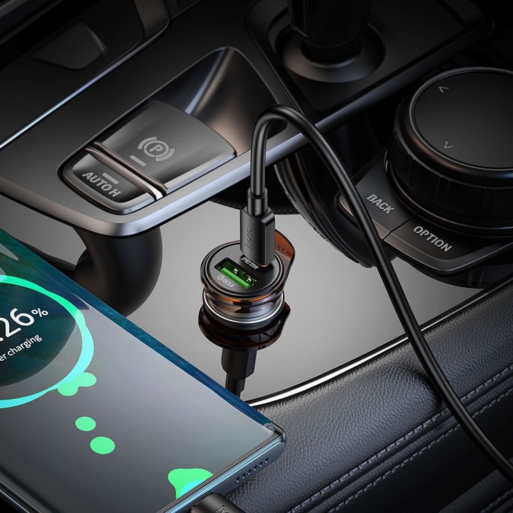 Autós töltő Lightning kábellel HOCO NZ16A, 43W, 3A, 1 x USB-A - 1 x USB-C, Szürke