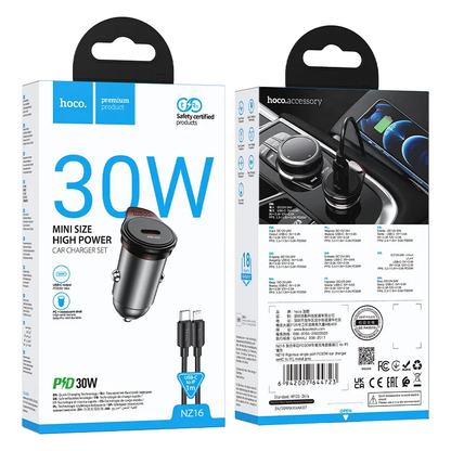 Autós töltő Lightning kábellel HOCO NZ16, 30W, 3A, 1 x USB-C, Szürke