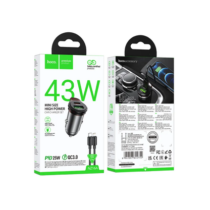 Autós töltő Lightning kábellel HOCO NZ16A, 43W, 3A, 1 x USB-A - 1 x USB-C, Szürke