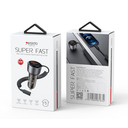 Autós töltő Lightning kábellel Yesido Y57, 50W, 3A, 1 x USB-A - 1 x USB-C, Fekete