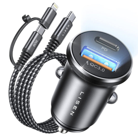Car Charger with USB-C / Lightning Cable Lisen, 48W, 3A, 1 x USB-A - 1 x USB-C, Black YL0223080035