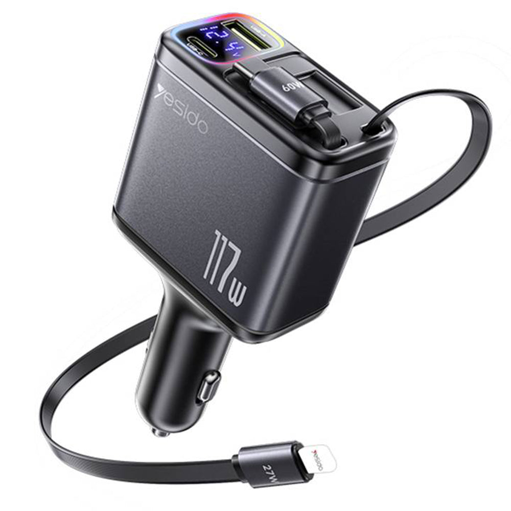 Car Charger with USB-C / Lightning Cable Yesido Y63 Display, 117W, 3A, 1 x USB-A - 1 x USB-C, Gray