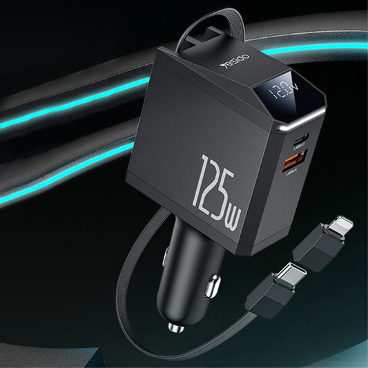 Car Charger with USB-C / Lightning Cable Yesido Y71 Display, 125W, 3A, 1 x USB-A - 1 x USB-C, Black
