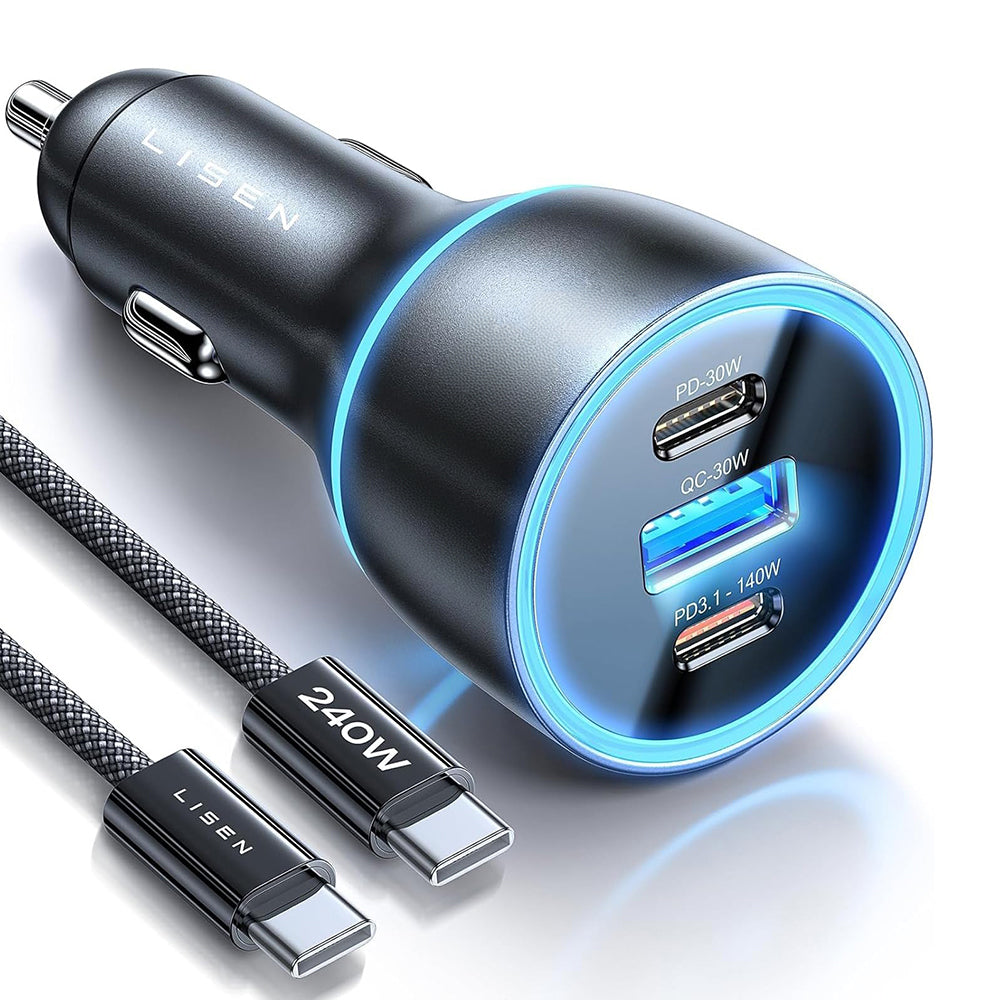 Lisen autós töltő USB-C kábellel, 170W, 5A, 1 x USB-A - 2 x USB-C, Fekete YL0224010001