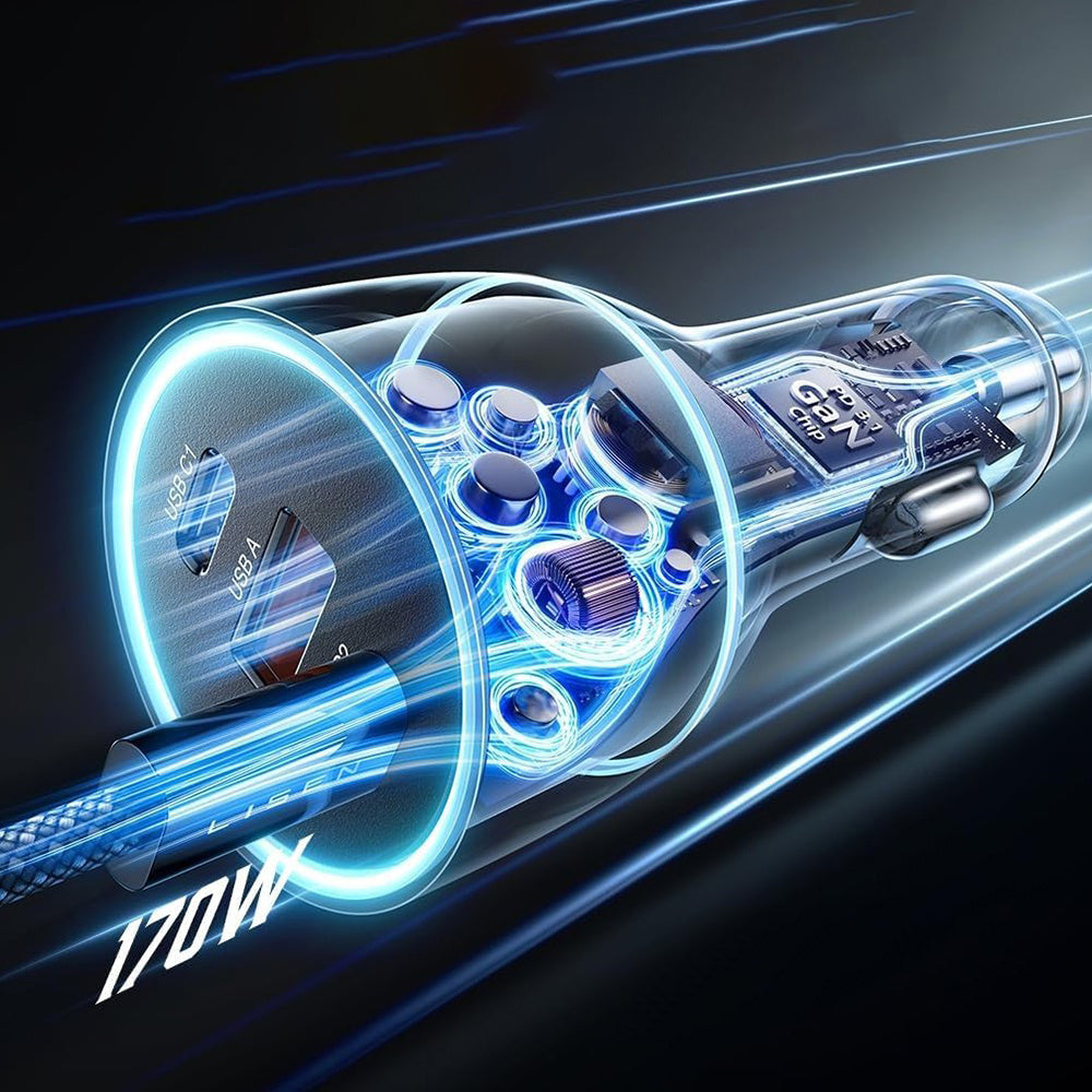 Lisen autós töltő USB-C kábellel, 170W, 5A, 1 x USB-A - 2 x USB-C, Fekete YL0224010001