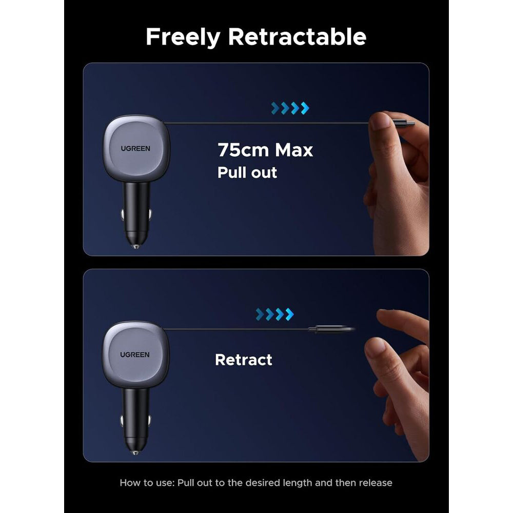 Autós töltő USB-C kábellel UGREEN EC601, 75W, 3A, 1 x USB-A - 1 x USB-C, Szürke