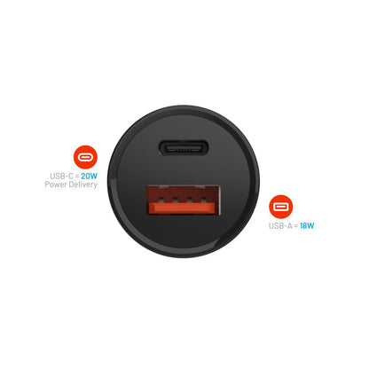 Fixed Auto Töltő, 20W, 3A, 1 x USB-A - 1 x USB-C, Fekete