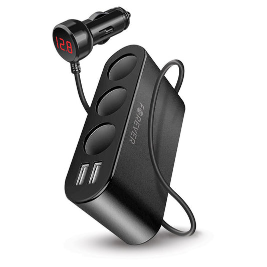 Forever MultiPort autós töltő, 12W, 2.4A, 2 x USB-A - 3 x szivargyújtó hosszabbító, fekete 