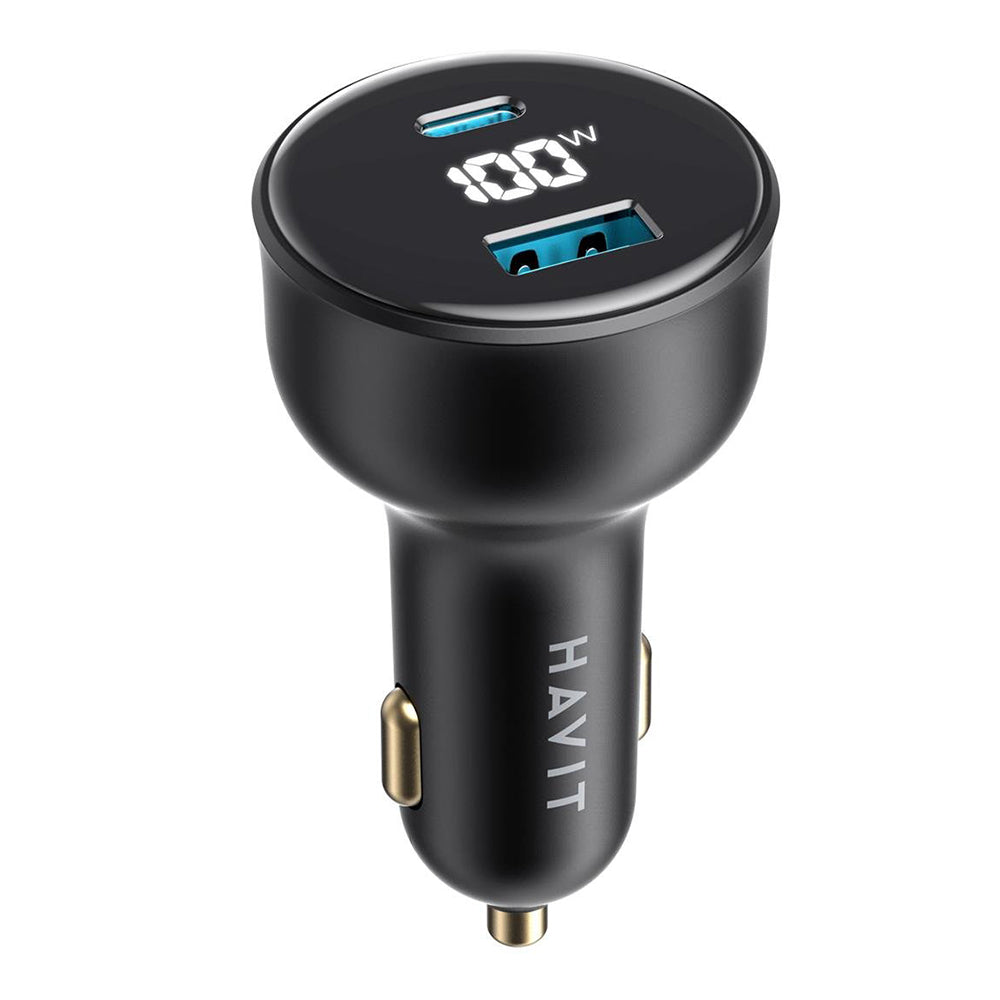 HAVIT CC100W Display autós töltő, 100W, 5A, 1 x USB-A - 1 x USB-C, Fekete
