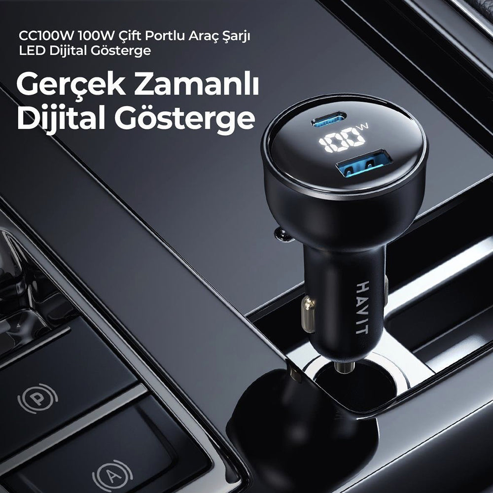 HAVIT CC100W Display autós töltő, 100W, 5A, 1 x USB-A - 1 x USB-C, Fekete