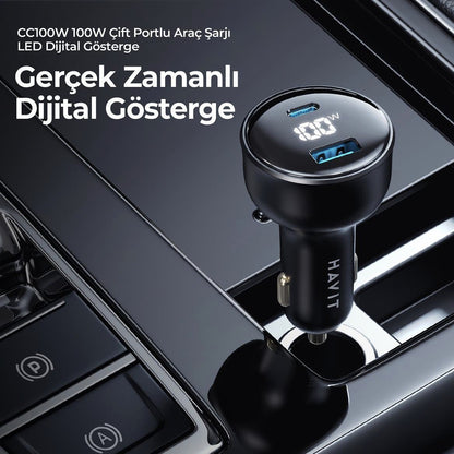 HAVIT CC100W Display autós töltő, 100W, 5A, 1 x USB-A - 1 x USB-C, Fekete