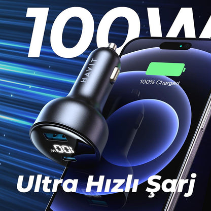 HAVIT CC100W Display autós töltő, 100W, 5A, 1 x USB-A - 1 x USB-C, Fekete
