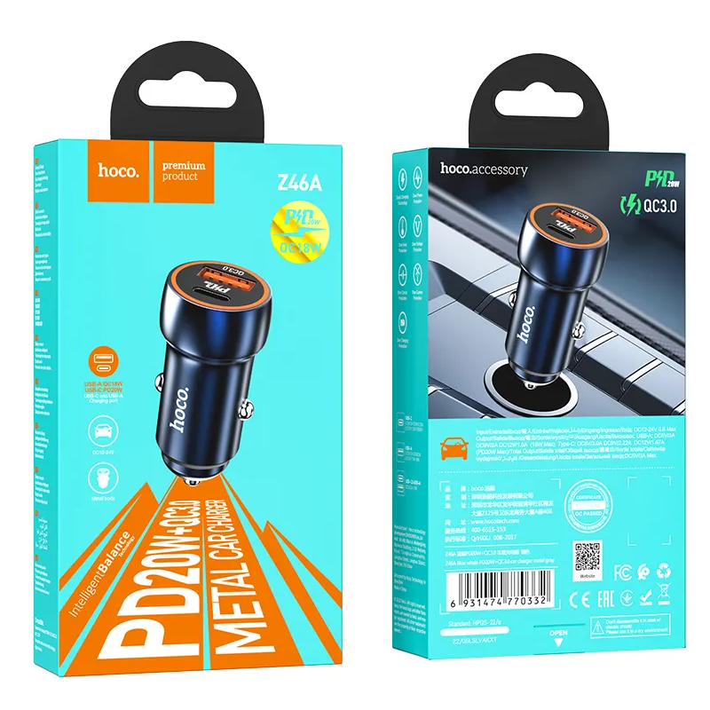 HOCO Z46A Autós Töltő, 20W, 3A, 1 x USB-A - 1 x USB-C, Kék