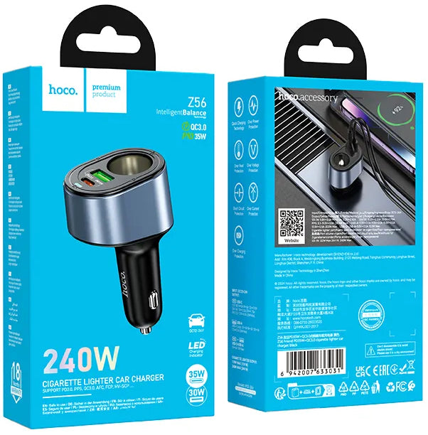 HOCO Z56 Autós Töltő, 35W, 3A, 1 x USB-A - 1 x USB-C - 1 x Szivargyújtó Kiterjesztés, Fekete