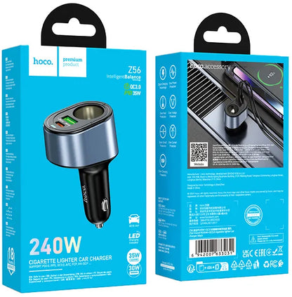 HOCO Z56 Autós Töltő, 35W, 3A, 1 x USB-A - 1 x USB-C - 1 x Szivargyújtó Kiterjesztés, Fekete