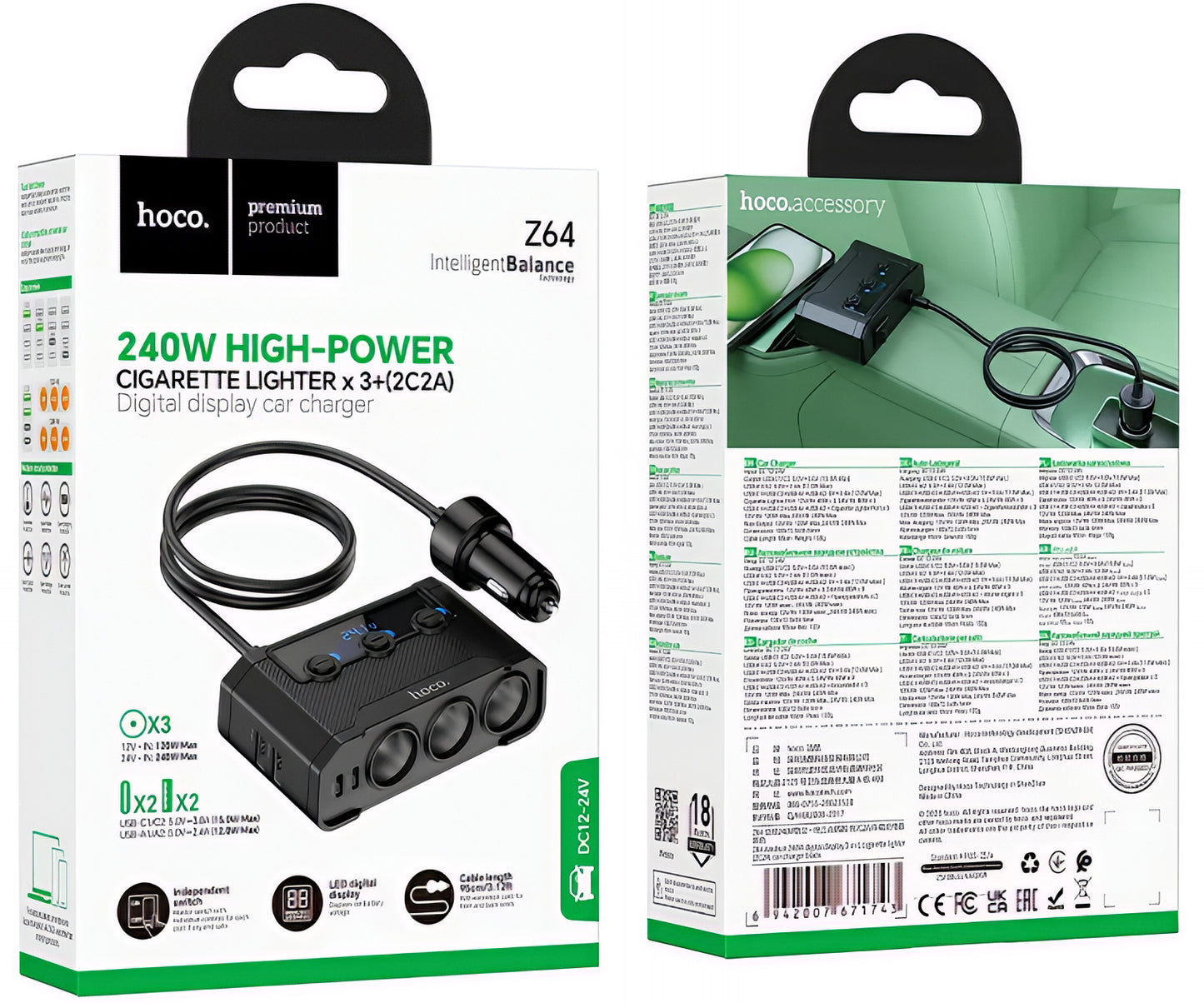 HOCO Z64 Car Charger, 15.5W, 3.1A, 2 x USB-A - 2 x USB-C - 3 x Cigarette Lighter Extension, Black