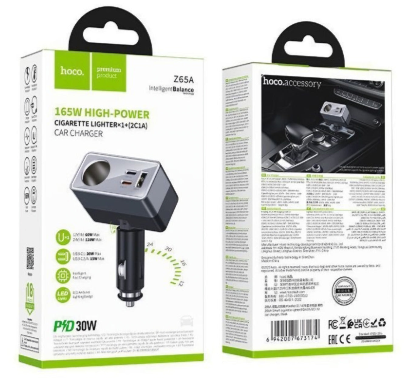 HOCO Z65A autós töltő, 165W, 3A, 1 x gyújtóaljzat kiterjesztés - 1 x USB-A - 2 x USB-C, fekete