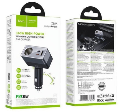 HOCO Z65A autós töltő, 165W, 3A, 1 x gyújtóaljzat kiterjesztés - 1 x USB-A - 2 x USB-C, fekete