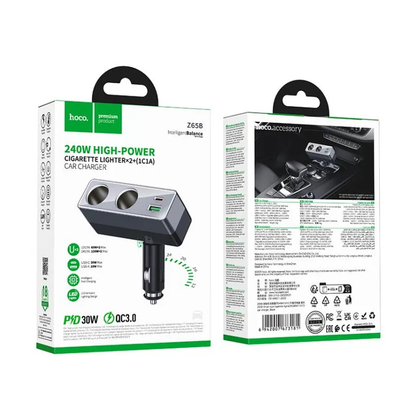HOCO Z65B autós töltő, 240W, 1 x USB-A - 1 x USB-C - 2 x szivargyújtó elosztó, fekete