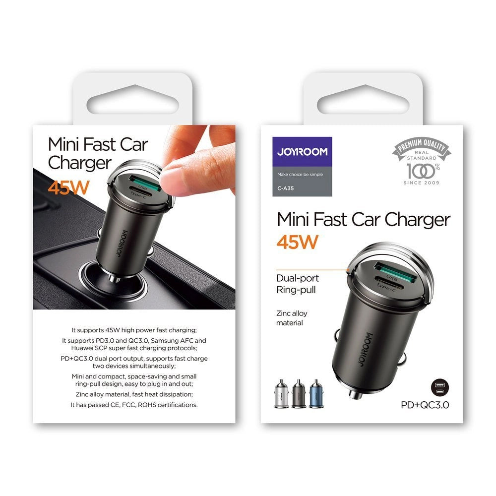 Joyroom C-A35 autós töltő, 45W, 5A, 1 x USB-A - 1 x USB-C, szürke