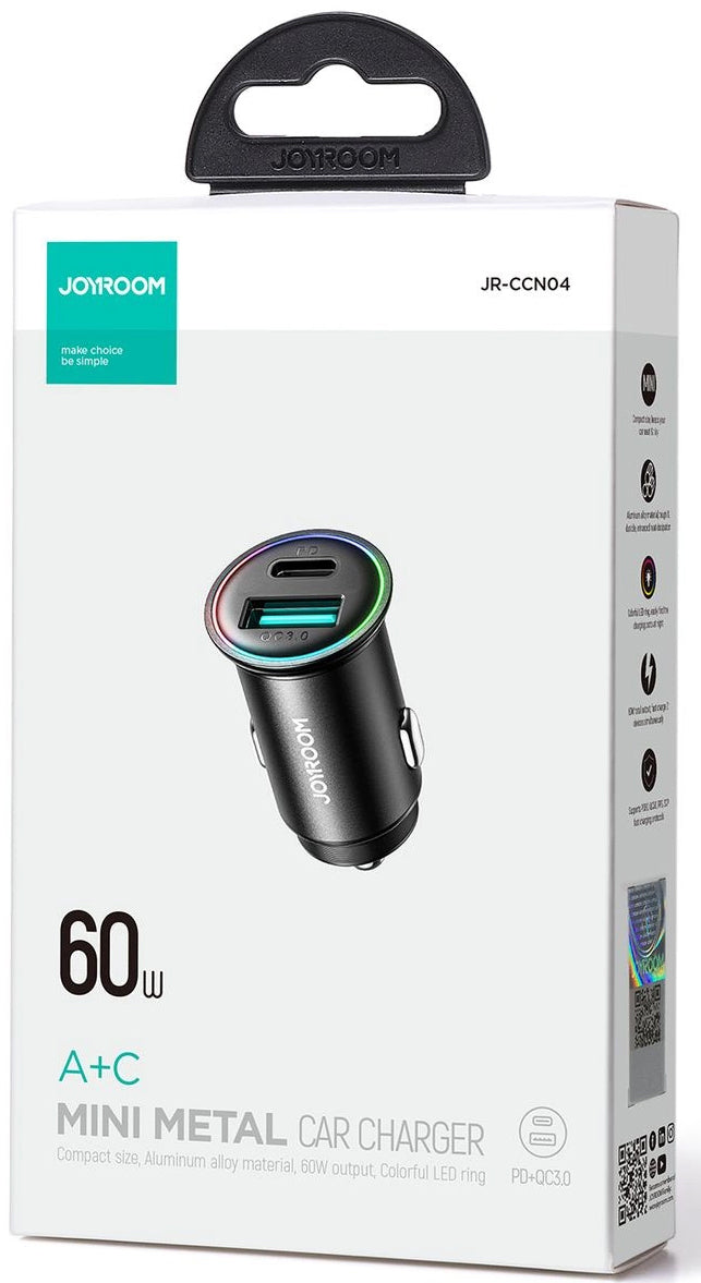 Joyroom JR-CCN04 autós töltő, 60W, 3A, 1 x USB-A - 1 x USB-C, Fekete
