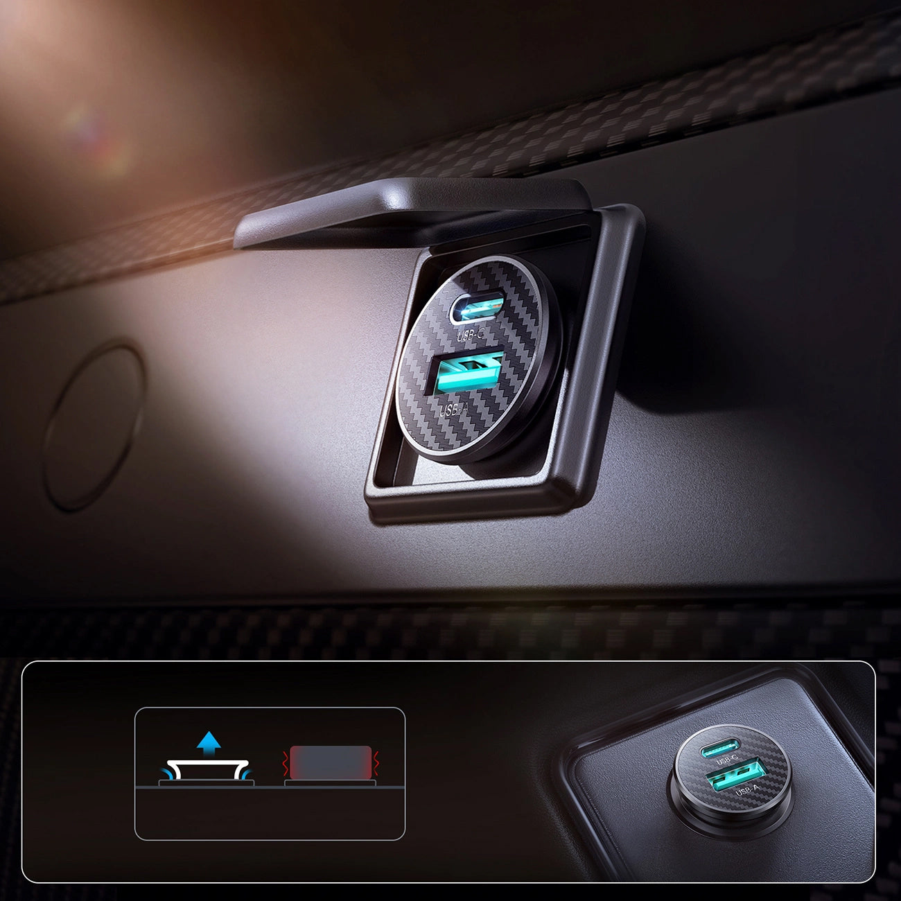 Joyroom JR-CCN16 Mini autós töltő, 12W, 2.4A, 1 x USB-A - 1 x USB-C, Fekete