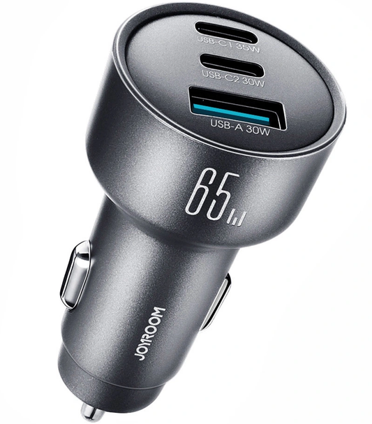 Joyroom JR-CCN19 autós töltő, 65W, 1 x USB-A - 2 x USB-C, Szürke